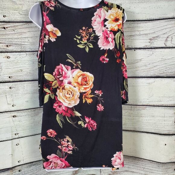 e.Luna Black Floral Cold Shoulder Tunic Top Women’s Small - Picture 5 of 8